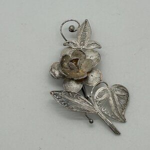 Antique Spun Silver Filigree  925 Floral Brooch Pin C Clasp Heart Flower READ